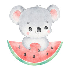 Digital watercolor. Digitally drawn illustration of a cute cartoon koala isolated on a white background. Little cute watercolor animals.