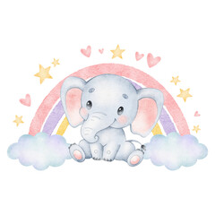 Digital watercolor. Digitally drawn illustration of a cute cartoon elephant with rainbow. Cute tropical animals.