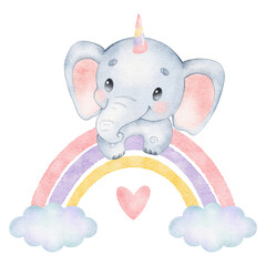 Digital watercolor. Digitally drawn illustration of a cute cartoon elephant unicorn. Cute tropical animals.