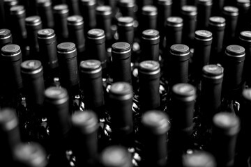 Closeup of full & corked bottles of wine black&white