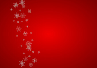 Fototapeta na wymiar Christmas background with silver snowflakes and sparkles. Horizontal New Year and Christmas background for party invitation, banner, gift cards, retail offers. Falling snow. Frosty winter backdrop.