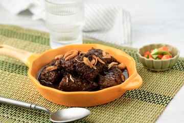 Daging Hitam Palembang or Black Meat Malbi, Jambi and Palembang Authentic Recipe Food. Beef Stew with Sweet Soy Sauce