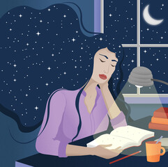 WOMAN READING A BOOK IN THE STARRY NIGHT