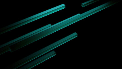 Futuristic 3D glowing metal blue bars flying isolated on a black background. Design. Long narrow moving stripes.