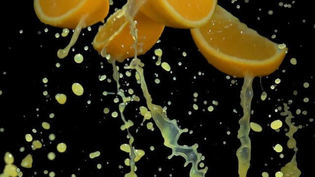 Juicy slices of orange are bouncing on the black background