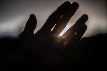 Palm against background of sun. Hand is in details. Fingers let in light. Lse sun through skin of...