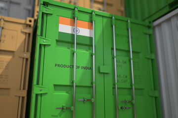 Goods from India in cargo container and printed national flag. Business related 3D rendering