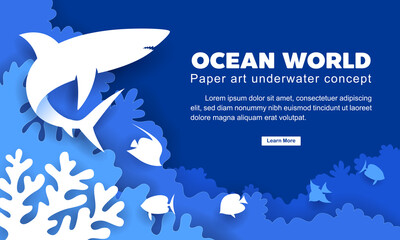 Undersea banner template, paper cut style graphics, shark