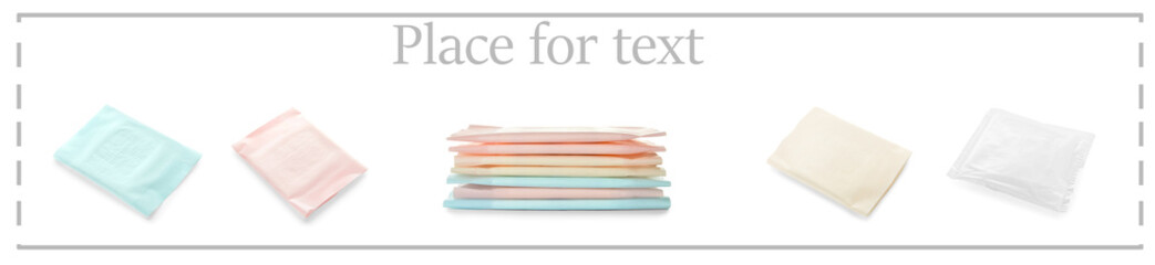 Set of menstrual pads on white background with space for text