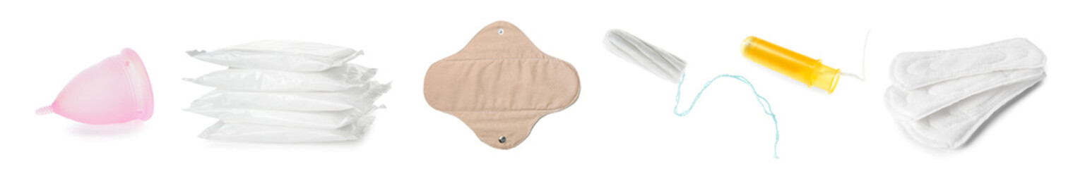 Different means of feminine hygiene on white background