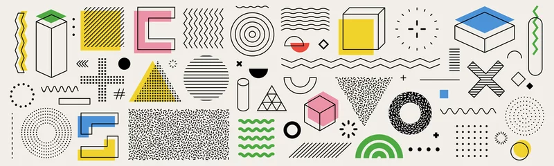 Fototapeten  Set of editable vector creative geometric abstract elements for graphic design, printing and UI. Triangles, squares, circles and other simple shapes with editable stroke weight. © GraphicPapa