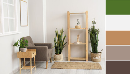 Interior of modern room with armchair, table, houseplants and shelf unit. Different color samples