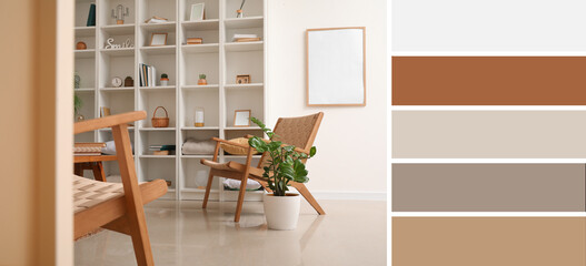 Interior of light living room with shelving unit and armchairs. Different color samples