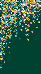 Falling letters of English language. Pastel flying words of Latin alphabet. Foreign languages study concept. Captivating back to school banner on blackboard background.