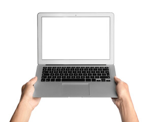 Male hands with modern laptop on white background