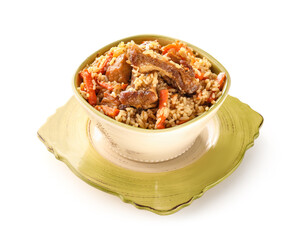 Bowl of traditional pilaf on white background
