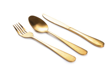 Set of stainless steel cutlery on white background