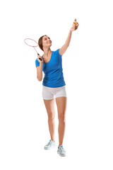 Sporty female badminton player on white background