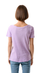 Obraz premium Beautiful young woman in stylish t-shirt on white background, back view