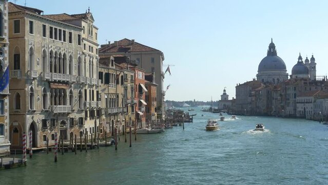 Looking along the Grand Canal towards Santa Maria de la Salute, Venice. Backlit
