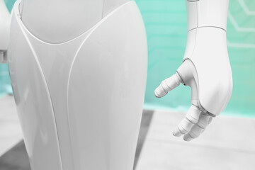 Futuristic humanoid robot at exhibition, closeup