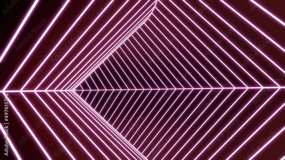Poster fast moving triangular tunnel. design. triangular swirling tunnel with neon lines. cyber jump in neo