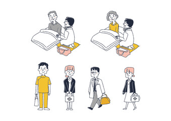 訪問医療に関するイラストセット　コミカルな手書きの人物　ベクター、線画にカラー