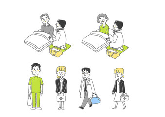 訪問医療に関するイラストセット　コミカルな手書きの人物　ベクター、線画にカラー