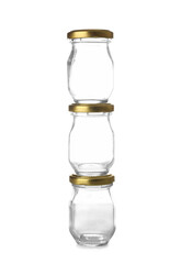 Stack of glass jars on white background