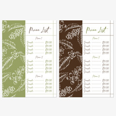 set of price list template design with hand drawn illustration of coffee plants