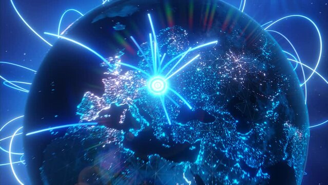 Concept of global technology. Digital connected network. 3d animation of earth.