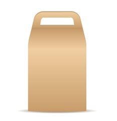 Paper packaging bag with handle. Unusual convenient form for transportation of courier. Food delivery at home with temperature preservation, ecological materials. Cartoon isometric vector illustration