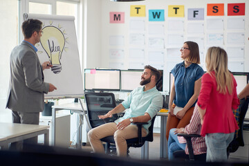 Group of young ambitious employees brainstorming together