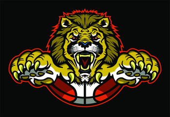 angry lion mascot with half basketball for school, college or league
