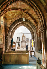 Interior of Brecon Cathedral Church,sunlight shining through side windows,Brecon,Powys,Wales,UK.