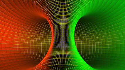 Geometric model of black hole. Design. 3D model of spatial funnel in cyberspace. Inside Torus with colorful grid. Rotating funnel in digital model of cyclic universe