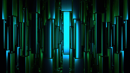 Obraz premium Moving rows of 3d lines in space. Design. Corridor with many intersecting rows of lines. 3D space with target and moving intersecting rows of pillars