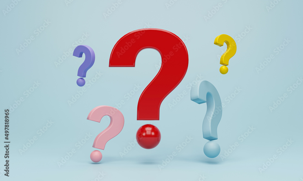Poster 3d rendering, 3d illustration. group of colorful question marks on blue pastel background. faq and q