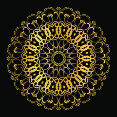 Decorative Round Pattern of gold color on a black background. Ornamental pattern for cafe, restaurant, shop, print, stamp, elegant card. wedding invitations; Isolated element. Vector	

