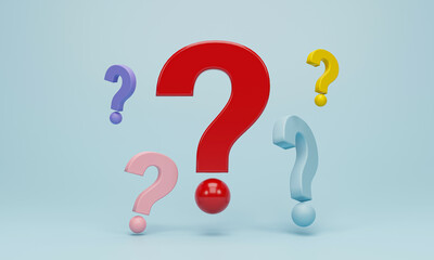 3D Rendering, 3d illustration. Group of colorful question marks on blue pastel background. FAQ and QA concept.