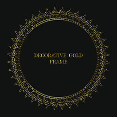 Luxury frame of gold color on a black background. Ornamental frame for cafe, restaurant, shop, print, stamp, elegant card. wedding invitations; Isolated element. Vector