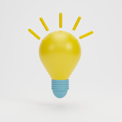 3d render 3d illustration. Simple cartoon style yellow light bulb icon on white background. concept of Idea, solution, business, strategy.