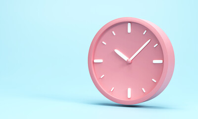 3D render, 3D illustration. Circle clock icon. Simple alarm clock on blue background. Minimal creative concept.