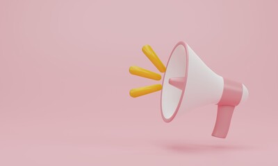 3d render 3d illustration. Megaphone, loudspeaker on pink pastel background. Modern flat cartoon style minimal. Announcement concept