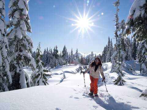Snowshoeing at Dakota Ridge on the Sunshine Coast, British Columbia, Canada.