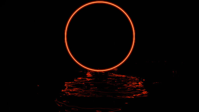 Neon Ring With Reflection In Water On Black Background. Design. Beautiful Ring Glows Above Dark Water. Ripples Of Water With Reflected Light From Circle