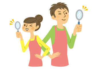 男女　虫眼鏡　エプロン