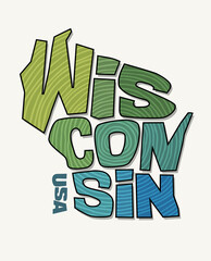 State of Wisconsin with the name distorted into state shape. Pop art style vector illustration for stickers, t-shirts, posters, social media and print media.