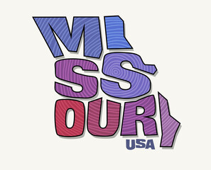 State of Missouri with the name distorted into state shape. Pop art style vector illustration for stickers, t-shirts, posters, social media and print media. - 497821134