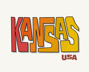 State of Kansas with the name distorted into state shape. Pop art style vector illustration for stickers, t-shirts, posters, social media and print media.